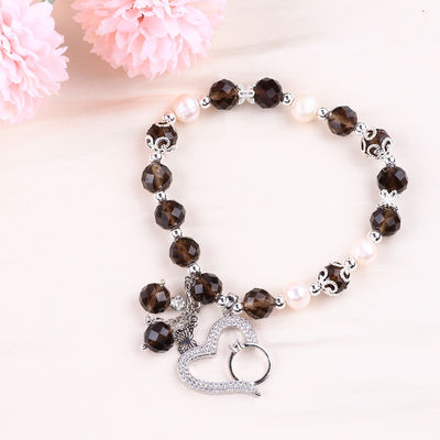 Natuurlijke rookkwarts en witte parel Reiki Healing Elastiek Hart Charm Stretch Armband