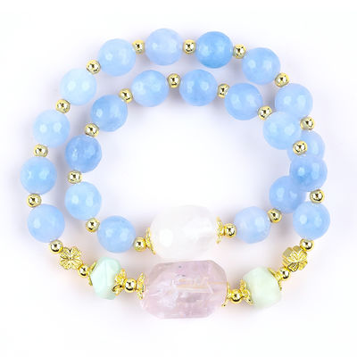 Handgemaakte Custom Crystal Blue Chalcedony Double Layer Multifacta Round Bead Armband Voor Juwelen Geschenk