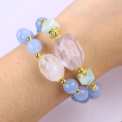 Handgemaakte Custom Crystal Blue Chalcedony Double Layer Multifacta Round Bead Armband Voor Juwelen Geschenk