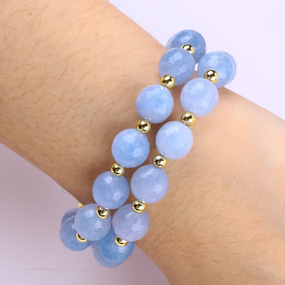 Handgemaakte Custom Crystal Blue Chalcedony Double Layer Multifacta Round Bead Armband Voor Juwelen Geschenk