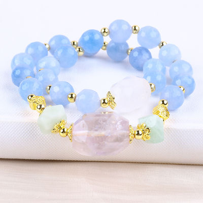 Handgemaakte Custom Crystal Blue Chalcedony Double Layer Multifacta Round Bead Armband Voor Juwelen Geschenk
