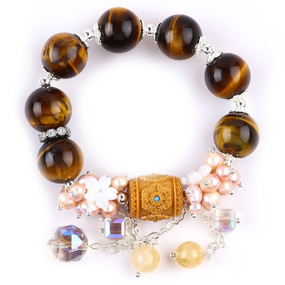 Natuurlijke 14mm prachtige tijger oog en bloem zoetwater parel met Dangle Chain Perlen Armband