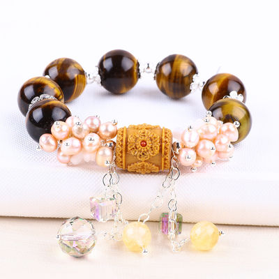 Natuurlijke 14mm prachtige tijger oog en bloem zoetwater parel met Dangle Chain Perlen Armband