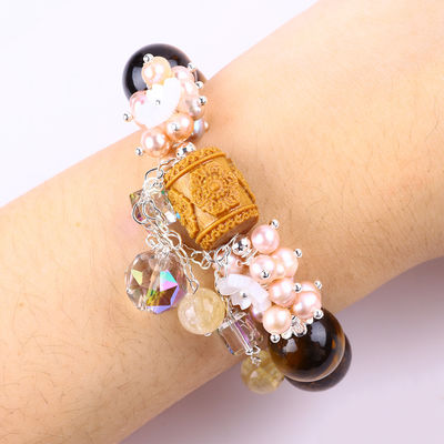 Natuurlijke 14mm prachtige tijger oog en bloem zoetwater parel met Dangle Chain Perlen Armband
