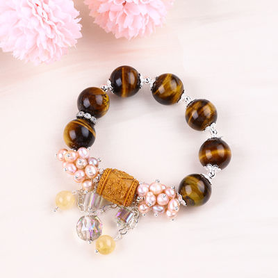 Natuurlijke 14mm prachtige tijger oog en bloem zoetwater parel met Dangle Chain Perlen Armband