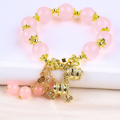 Custom 12mm Roze kwarts kraan Armband met hert charme