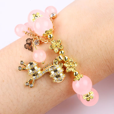 Custom 12mm Roze kwarts kraan Armband met hert charme