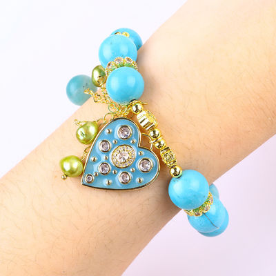 12mm Blauw Turquoise Kristal Armband Glinsterend Hart Stretch Charm Armband