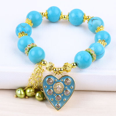12mm Blauw Turquoise Kristal Armband Glinsterend Hart Stretch Charm Armband