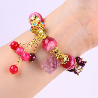 14mm Roze Agate Steen Armband Met Purper Nine Tail Fox Carving
