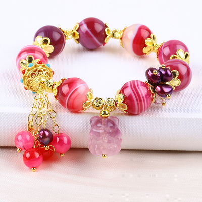 14mm Roze Agate Steen Armband Met Purper Nine Tail Fox Carving
