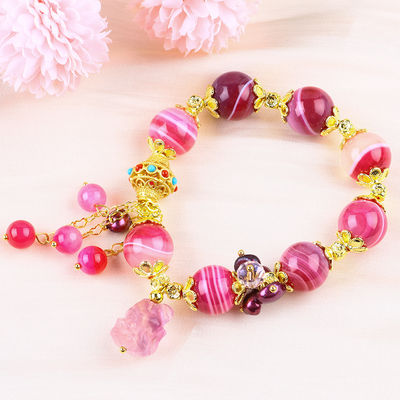 14mm Roze Agate Steen Armband Met Purper Nine Tail Fox Carving