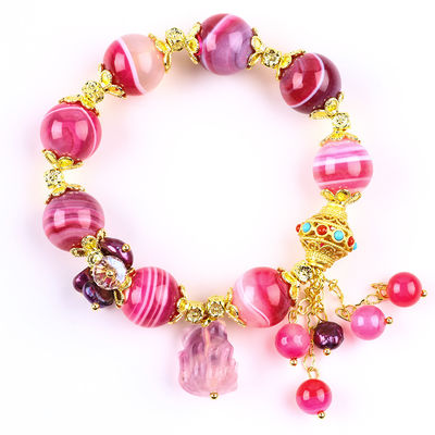 14mm Roze Agate Steen Armband Met Purper Nine Tail Fox Carving