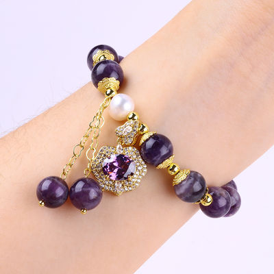 10mm Perlen Droom Amethyst Steen Stretch Armbanden Met Paarse Bling Bling Charm