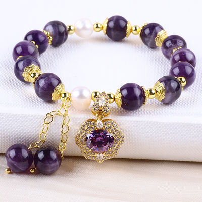 10mm Perlen Droom Amethyst Steen Stretch Armbanden Met Paarse Bling Bling Charm