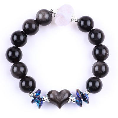 Handgemaakte Edelsteen Perlen Armband Natuurlijk Zilver Glanzend Obsidian Steen Armband Verstelbaar Hart Charm Armband Voor Partij