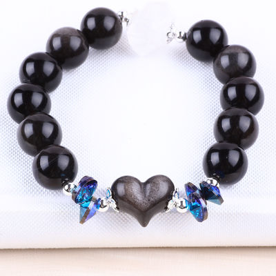 Handgemaakte Edelsteen Perlen Armband Natuurlijk Zilver Glanzend Obsidian Steen Armband Verstelbaar Hart Charm Armband Voor Partij