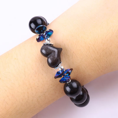 Handgemaakte Edelsteen Perlen Armband Natuurlijk Zilver Glanzend Obsidian Steen Armband Verstelbaar Hart Charm Armband Voor Partij