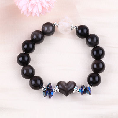 Handgemaakte Edelsteen Perlen Armband Natuurlijk Zilver Glanzend Obsidian Steen Armband Verstelbaar Hart Charm Armband Voor Partij