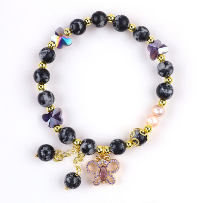8mm Genezende natuursteen Sneeuwvlok Obsidian met Paarse Vlinder Charm Perlen Armband