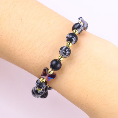 8mm Genezende natuursteen Sneeuwvlok Obsidian met Paarse Vlinder Charm Perlen Armband