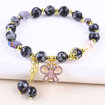 8mm Genezende natuursteen Sneeuwvlok Obsidian met Paarse Vlinder Charm Perlen Armband