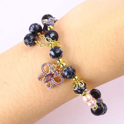 8mm Genezende natuursteen Sneeuwvlok Obsidian met Paarse Vlinder Charm Perlen Armband