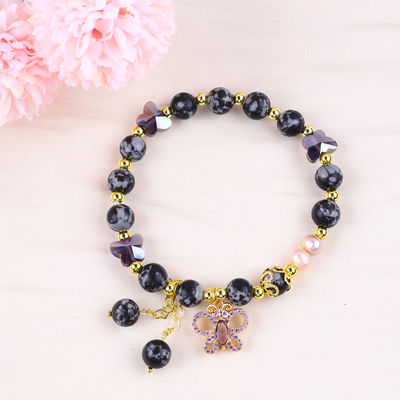 8mm Genezende natuursteen Sneeuwvlok Obsidian met Paarse Vlinder Charm Perlen Armband