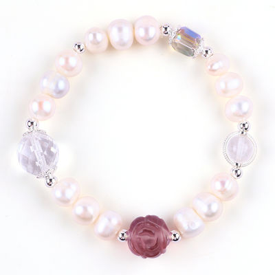 Natuurlijke zoetwater parel armband elastisch met paarse fluoriet roos bloem sculptuur