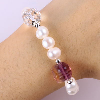 Natuurlijke zoetwater parel armband elastisch met paarse fluoriet roos bloem sculptuur