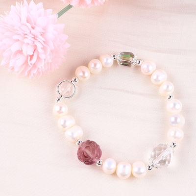 Natuurlijke zoetwater parel armband elastisch met paarse fluoriet roos bloem sculptuur