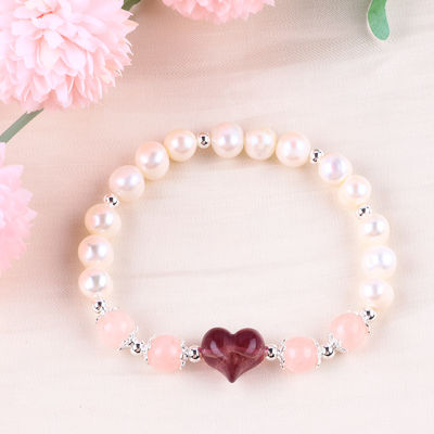 8mm Roze Zoetwaterparel Stretch Armband Hart Kristal Snijwerk
