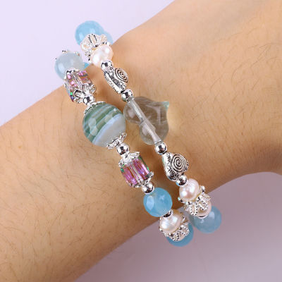 8 mm veelzijdige blauwe agaat ronde vorm kraal en wit zoetwater parel verstelbare armband