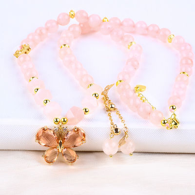Vlinder Charm Roos Kwarts Steen Kristal Sweater Halsketting Emotionele Healing