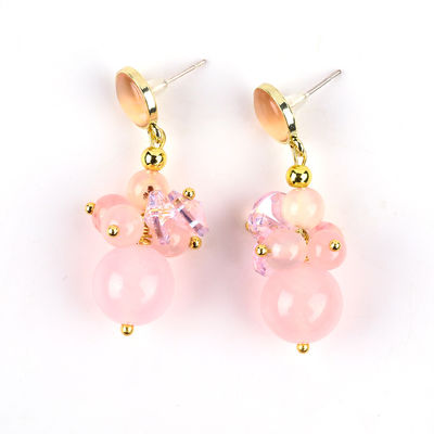 Roze Chalcedonie Kristalsteen Unieke DIY Ovale Hanger Ronde Perlen Stud oorbellen voor dagelijks gebruik