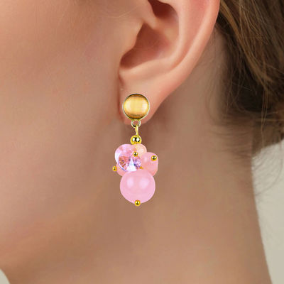 Roze Chalcedonie Kristalsteen Unieke DIY Ovale Hanger Ronde Perlen Stud oorbellen voor dagelijks gebruik