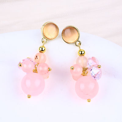 Roze Chalcedonie Kristalsteen Unieke DIY Ovale Hanger Ronde Perlen Stud oorbellen voor dagelijks gebruik