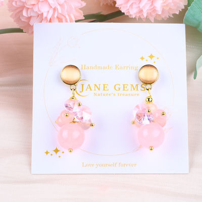 Roze Chalcedonie Kristalsteen Unieke DIY Ovale Hanger Ronde Perlen Stud oorbellen voor dagelijks gebruik