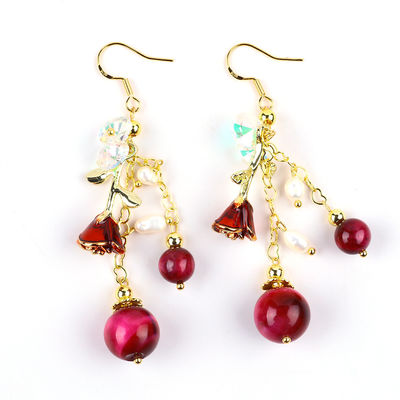 10mm 8mm Roze Rood Tijger Oog Kristal En Witte Parel Met Roze Bloem Dangle Lange Oornap Voor Feest En Dagelijks Draag