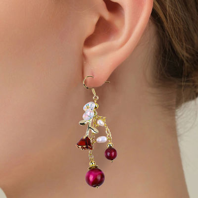 10mm 8mm Roze Rood Tijger Oog Kristal En Witte Parel Met Roze Bloem Dangle Lange Oornap Voor Feest En Dagelijks Draag
