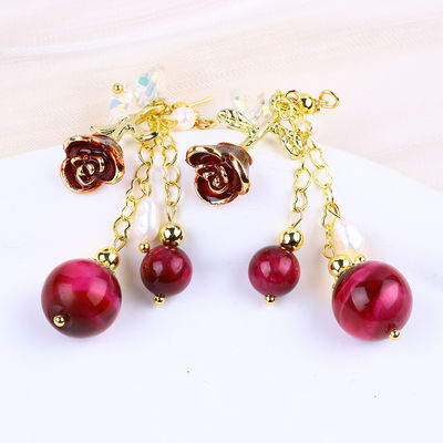10mm 8mm Roze Rood Tijger Oog Kristal En Witte Parel Met Roze Bloem Dangle Lange Oornap Voor Feest En Dagelijks Draag