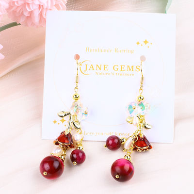 10mm 8mm Roze Rood Tijger Oog Kristal En Witte Parel Met Roze Bloem Dangle Lange Oornap Voor Feest En Dagelijks Draag