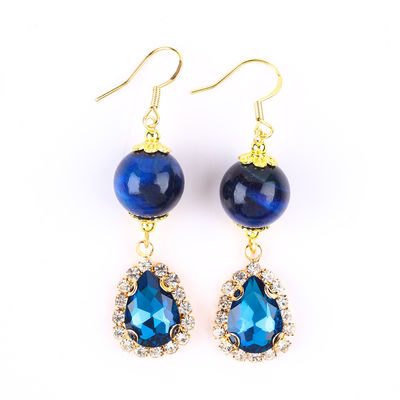 Custom 12mm Crystal Stone Blauwe tijger oog met blauwe sprankelende traan druppel charme korte oorbel voor het geven van cadeautjes