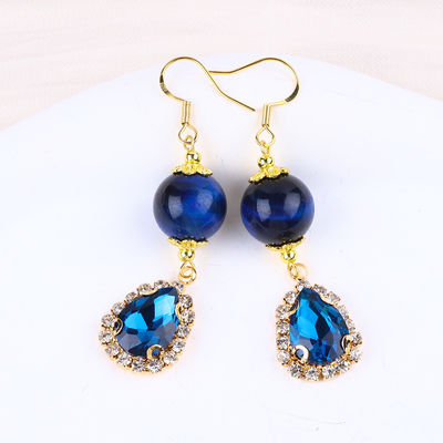 Custom 12mm Crystal Stone Blauwe tijger oog met blauwe sprankelende traan druppel charme korte oorbel voor het geven van cadeautjes