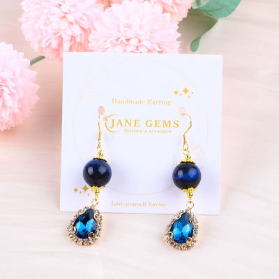 Custom 12mm Crystal Stone Blauwe tijger oog met blauwe sprankelende traan druppel charme korte oorbel voor het geven van cadeautjes