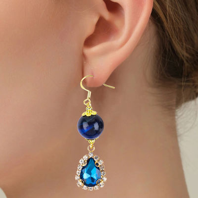 Custom 12mm Crystal Stone Blauwe tijger oog met blauwe sprankelende traan druppel charme korte oorbel voor het geven van cadeautjes