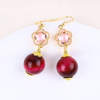 14mm Roze Rode Tijger Oog Met Roze Bloem Charm Ronde Vorm Korte Drop Oorbellen Voor Feestcadeau