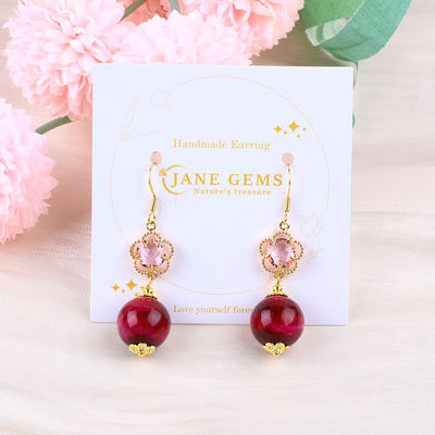 14mm Roze Rode Tijger Oog Met Roze Bloem Charm Ronde Vorm Korte Drop Oorbellen Voor Feestcadeau