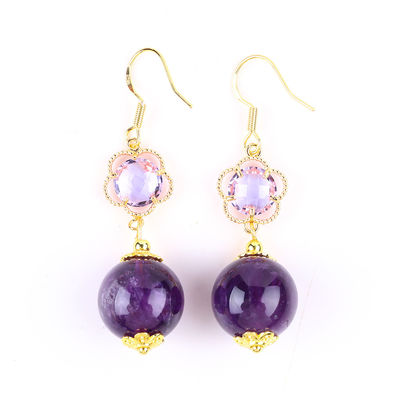 Handgemaakte Amethyst Natuurlijk Kristal 14MM Grote Ronde Vorm Perlen Korte Hoek Oorbellen Voor Juwelen Geschenk