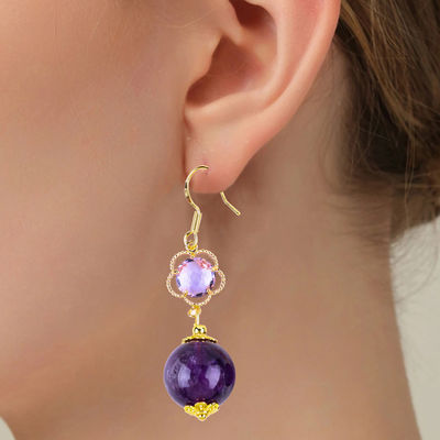 Handgemaakte Amethyst Natuurlijk Kristal 14MM Grote Ronde Vorm Perlen Korte Hoek Oorbellen Voor Juwelen Geschenk